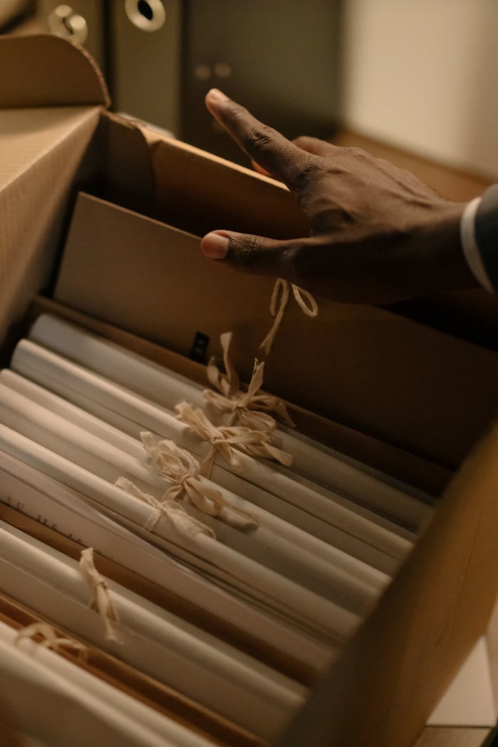 home-services-004 A hand reaches for tied documents inside an archive box, suggesting investigation or record keeping.