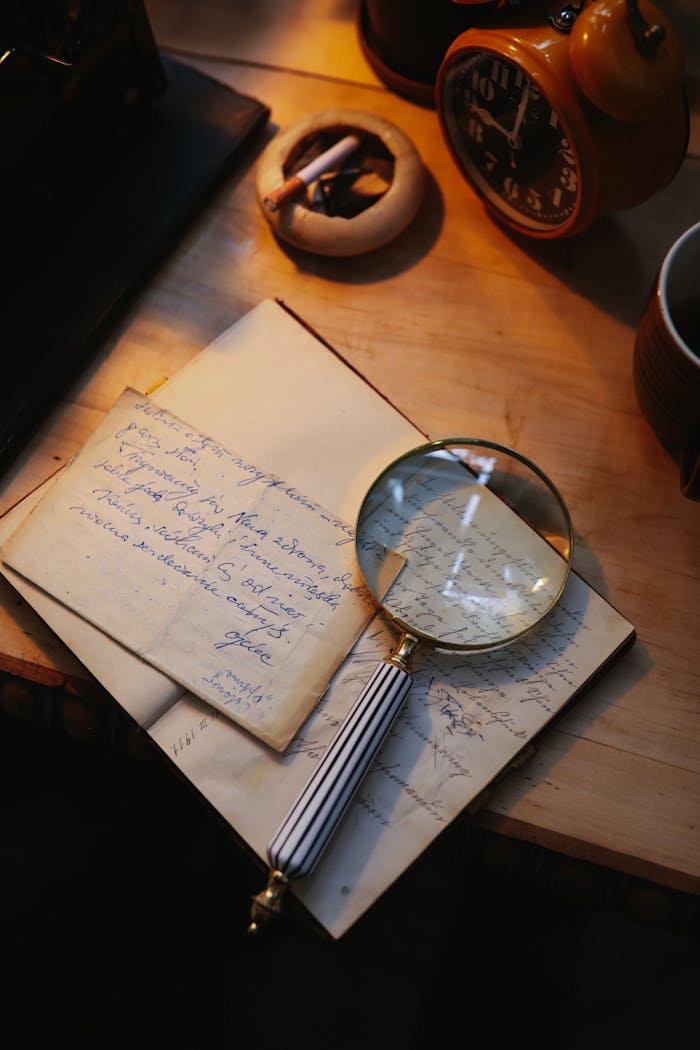 home-hero-bg A cozy vintage setup featuring a magnifying glass, letters, and an old clock on a wooden desk.